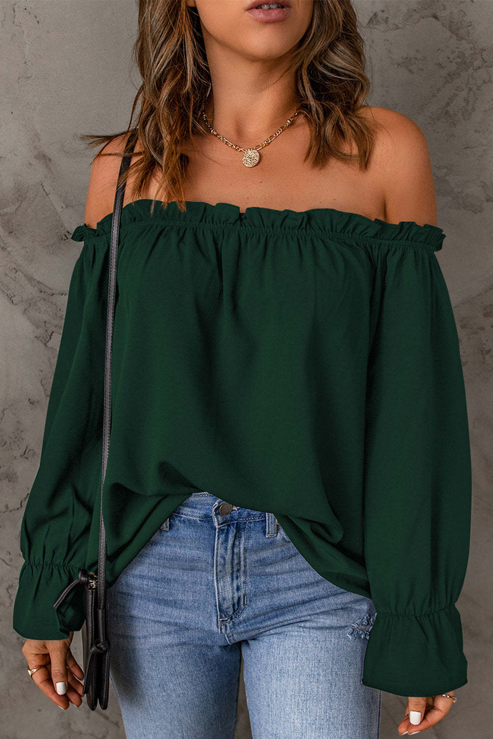 "Women's off-shoulder blouse with ruffle detail, lightweight boho-chic summer top, casual flowy shirt for beachwear, vacations, or everyday style"