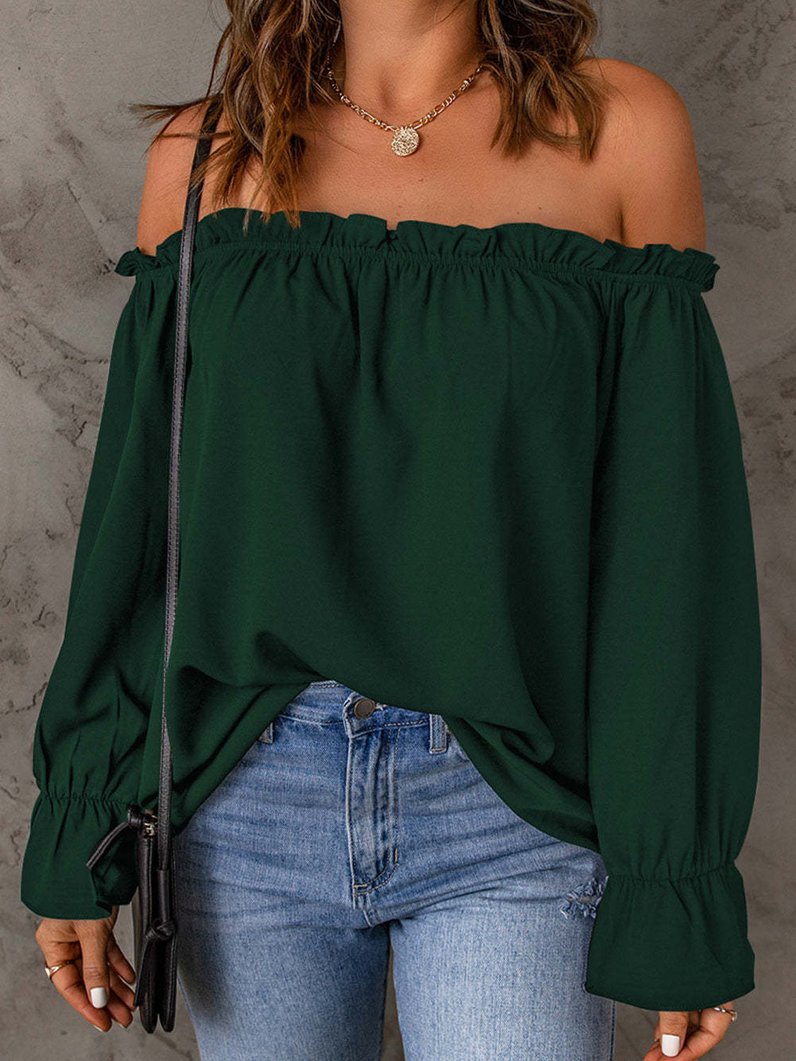 "Women's off-shoulder blouse with ruffle detail, lightweight boho-chic summer top, casual flowy shirt for beachwear, vacations, or everyday style"