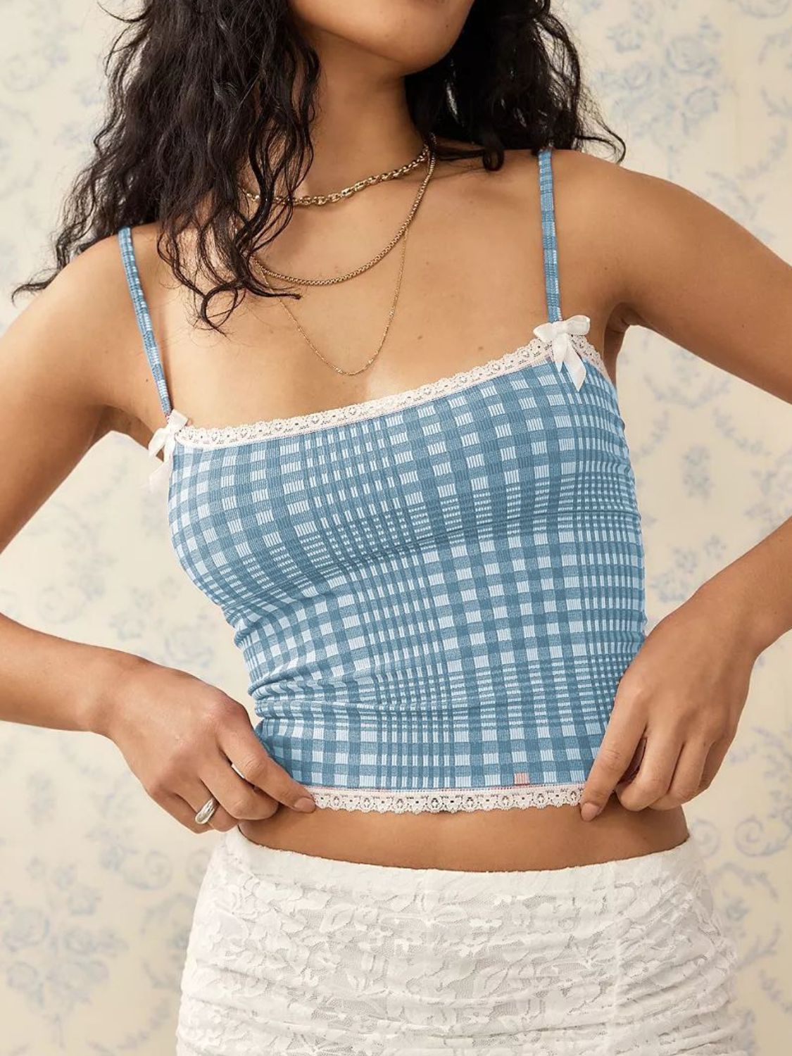 "Women's lace plaid cami top with spaghetti straps, vintage-inspired sleeveless summer tank, lightweight casual fashion for layering or standalone wear"