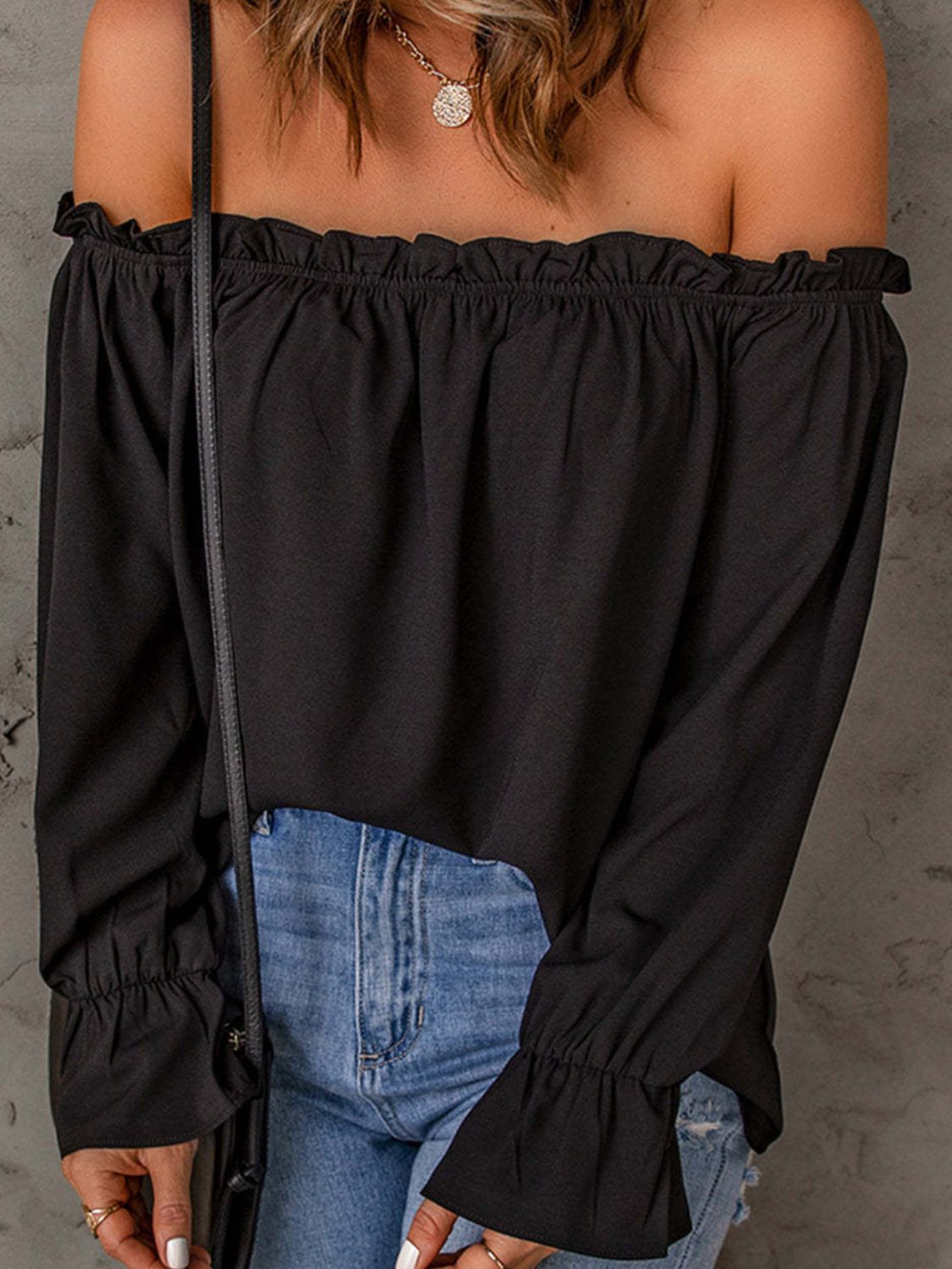 "Women's off-shoulder blouse with ruffle detail, lightweight boho-chic summer top, casual flowy shirt for beachwear, vacations, or everyday style"