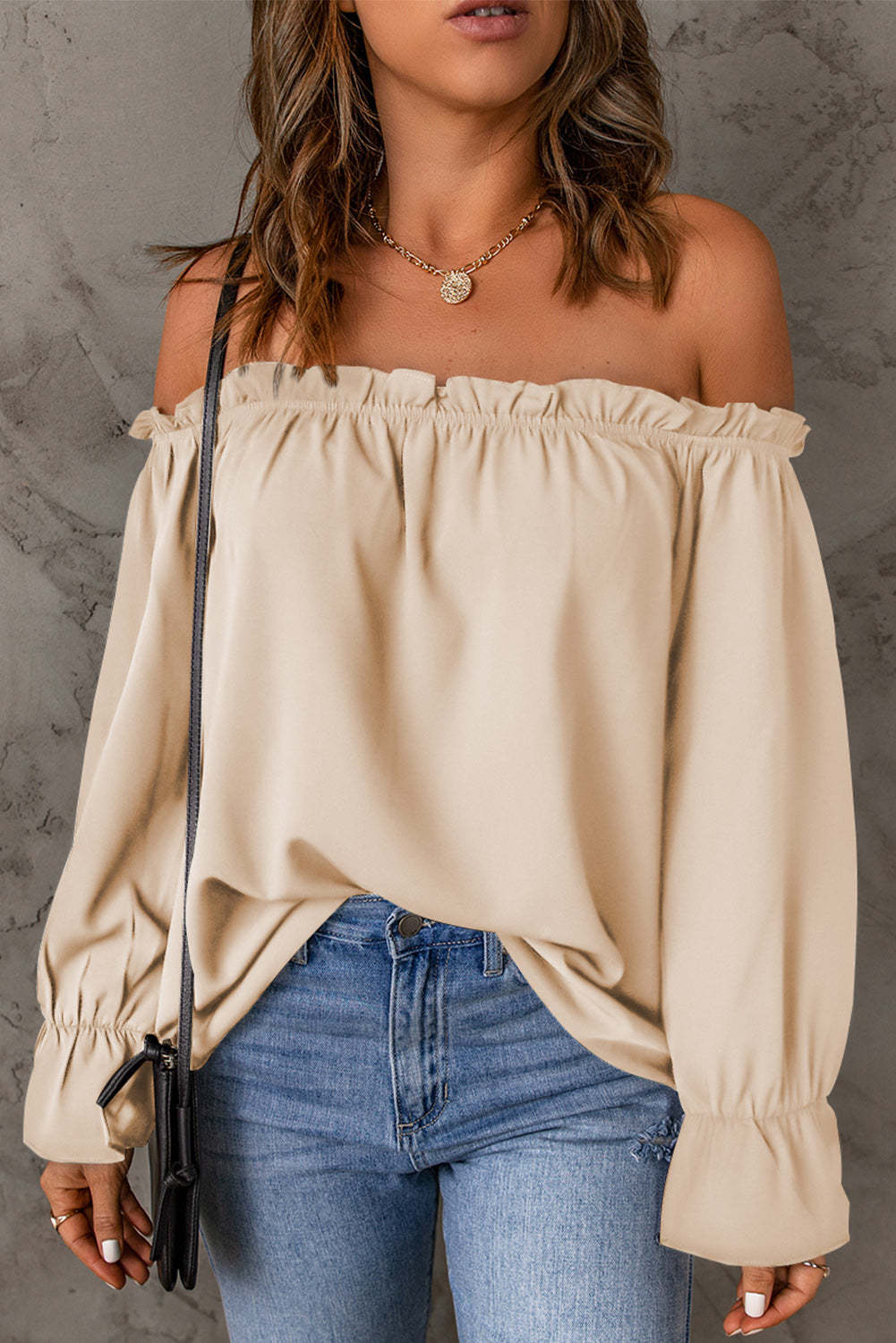 "Women's off-shoulder blouse with ruffle detail, lightweight boho-chic summer top, casual flowy shirt for beachwear, vacations, or everyday style"