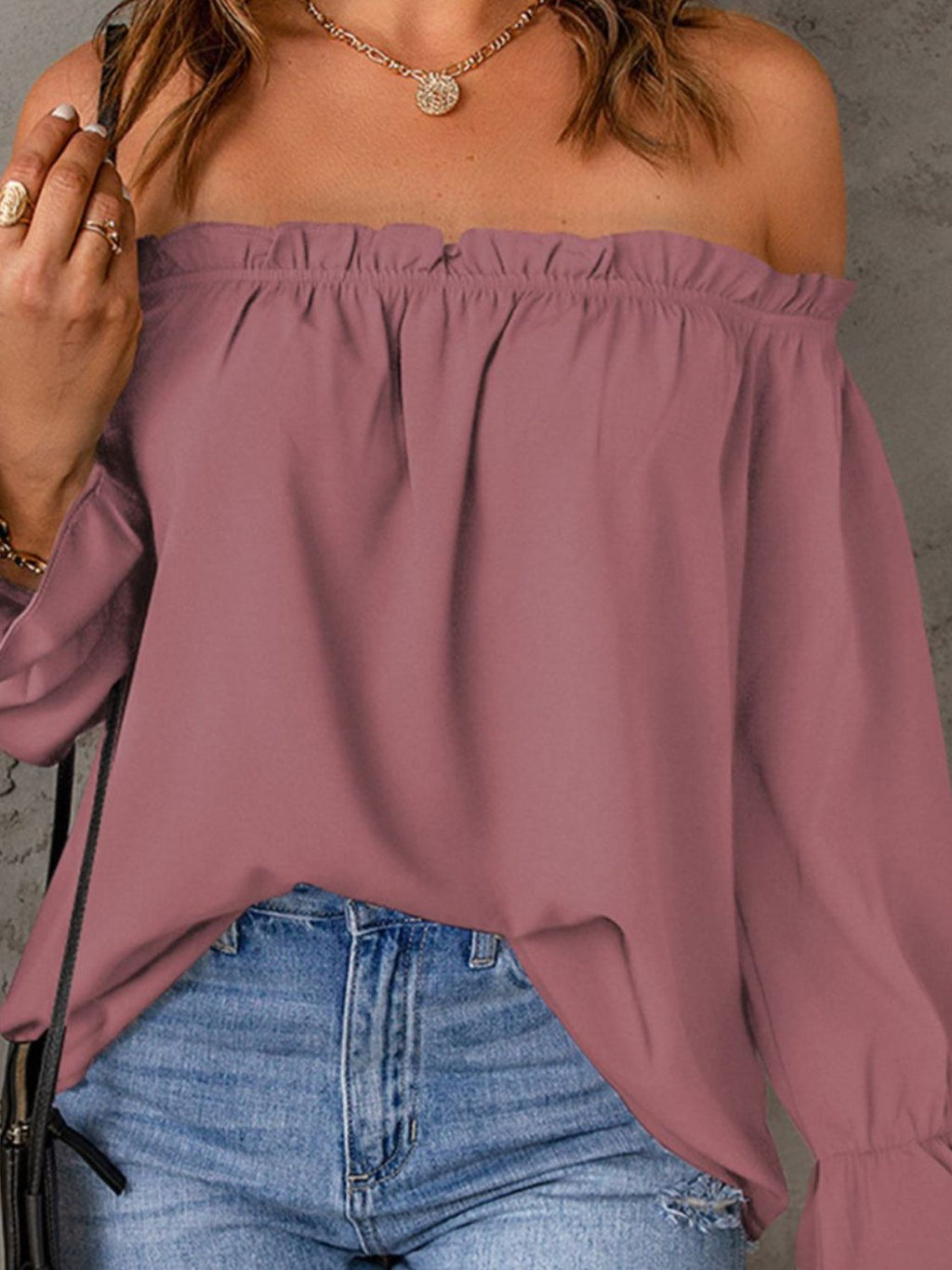 "Women's off-shoulder blouse with ruffle detail, lightweight boho-chic summer top, casual flowy shirt for beachwear, vacations, or everyday style"