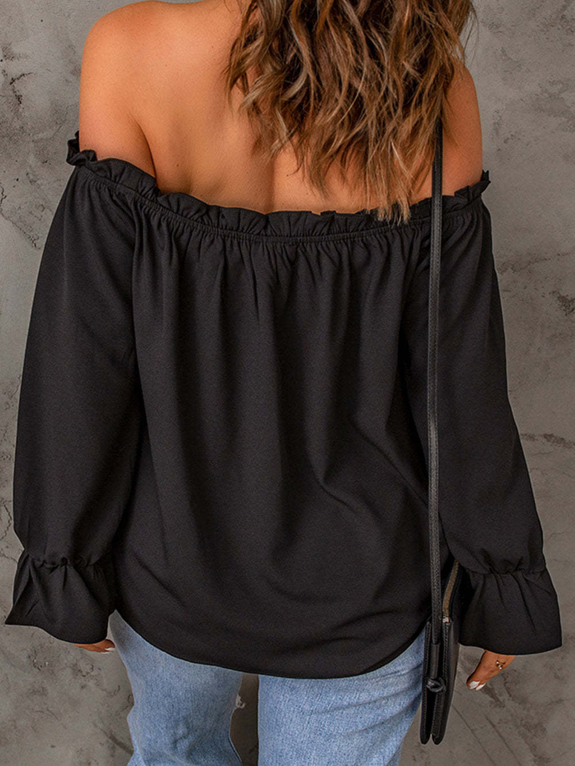 "Women's off-shoulder blouse with ruffle detail, lightweight boho-chic summer top, casual flowy shirt for beachwear, vacations, or everyday style"
