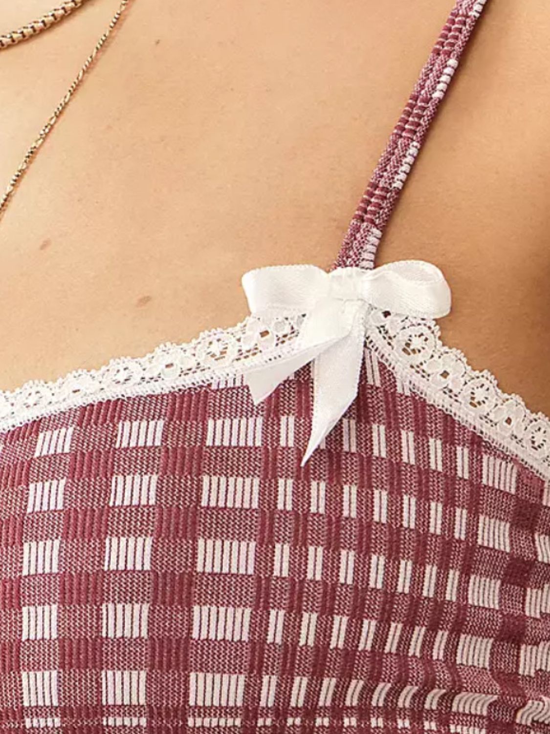 "Women's lace plaid cami top with spaghetti straps, vintage-inspired sleeveless summer tank, lightweight casual fashion for layering or standalone wear"