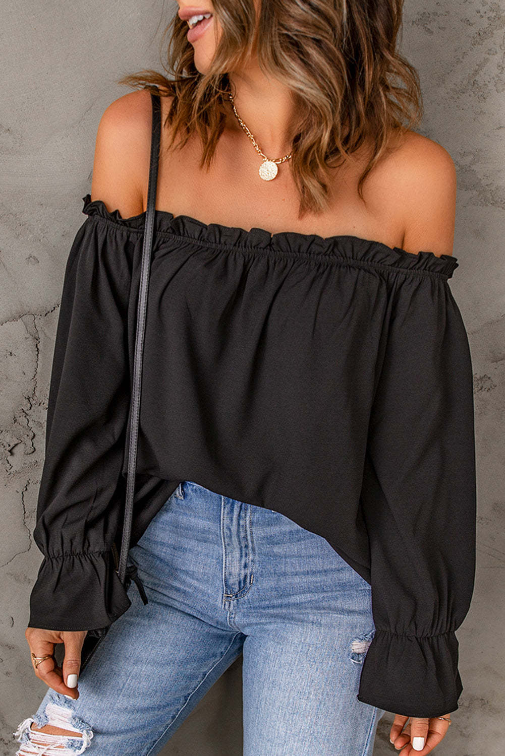 "Women's off-shoulder blouse with ruffle detail, lightweight boho-chic summer top, casual flowy shirt for beachwear, vacations, or everyday style"