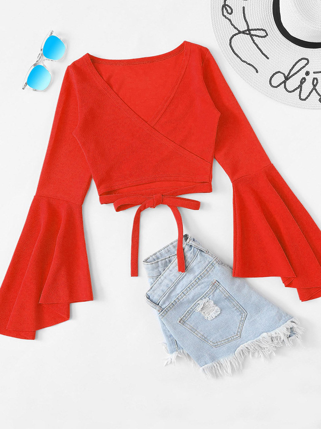 "Women's tied flare sleeve top with V-neck, boho-chic blouse with flowy bell sleeves, lightweight casual fashion for spring and summer outfits"