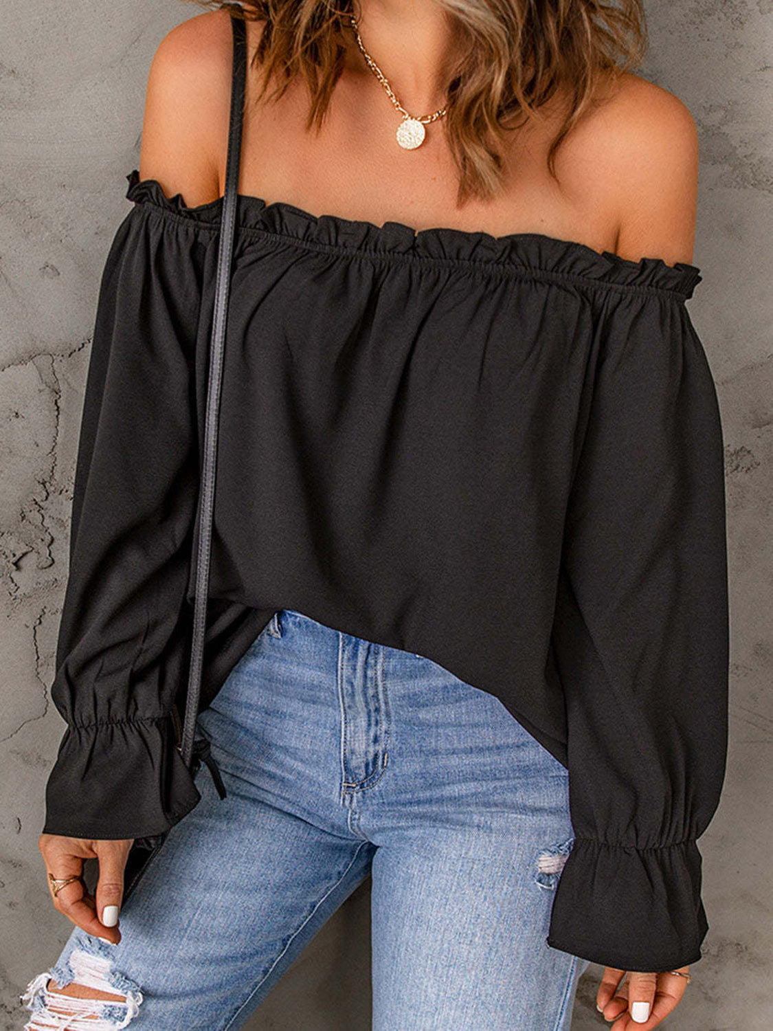 "Women's off-shoulder blouse with ruffle detail, lightweight boho-chic summer top, casual flowy shirt for beachwear, vacations, or everyday style"