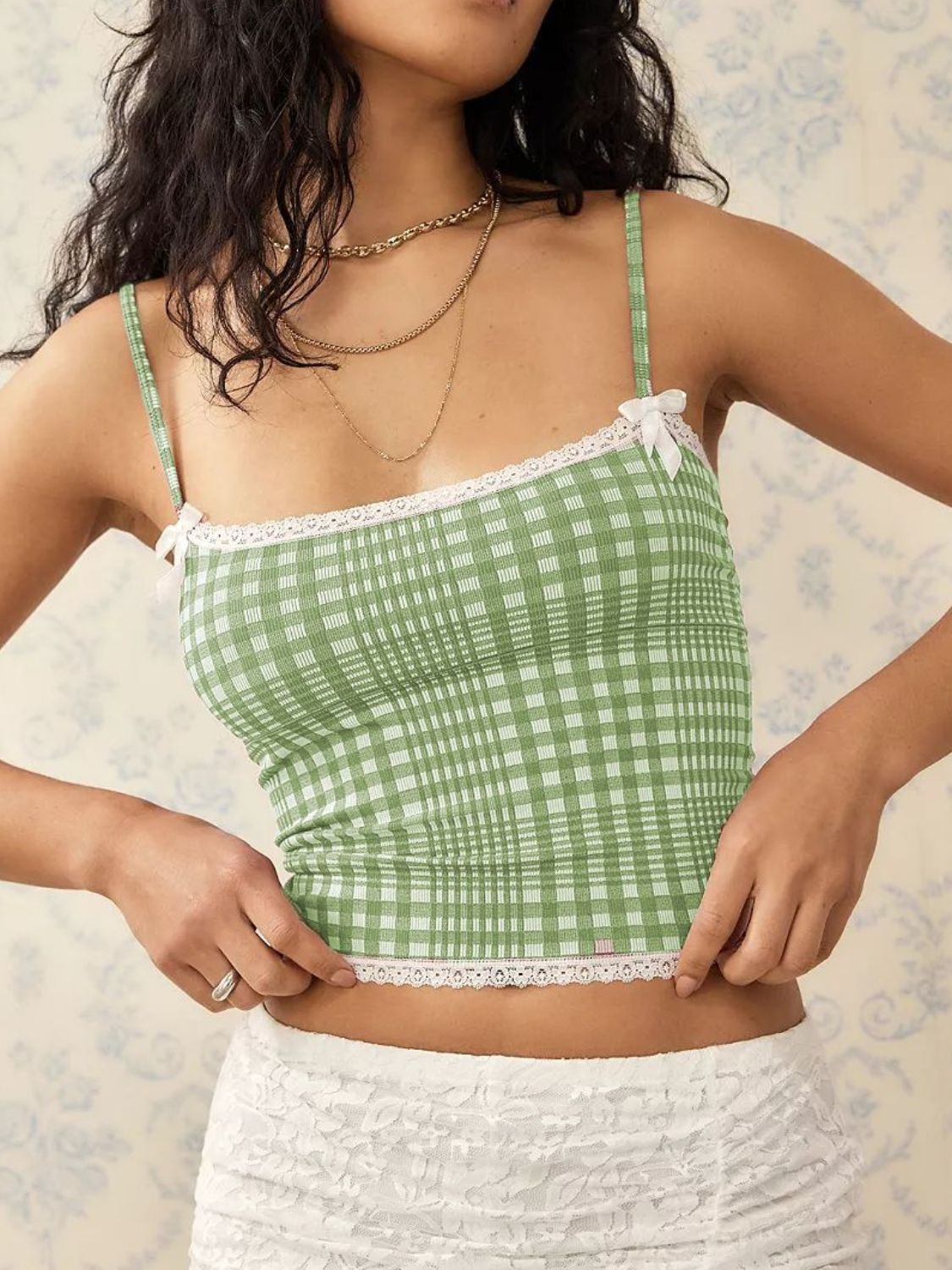 "Women's lace plaid cami top with spaghetti straps, vintage-inspired sleeveless summer tank, lightweight casual fashion for layering or standalone wear"