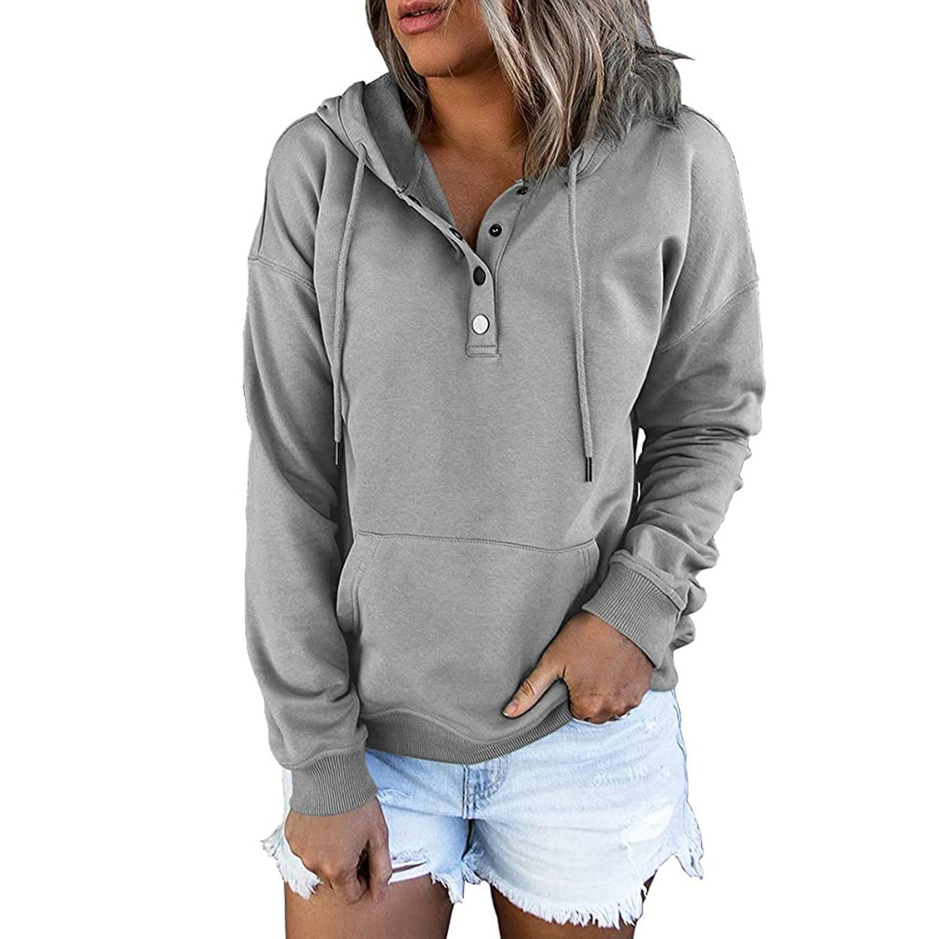 "Buttoned Hoodie with Drawstring – Stylish & Comfortable Women's Casual Sweatshirt, Soft & Breathable Fabric"