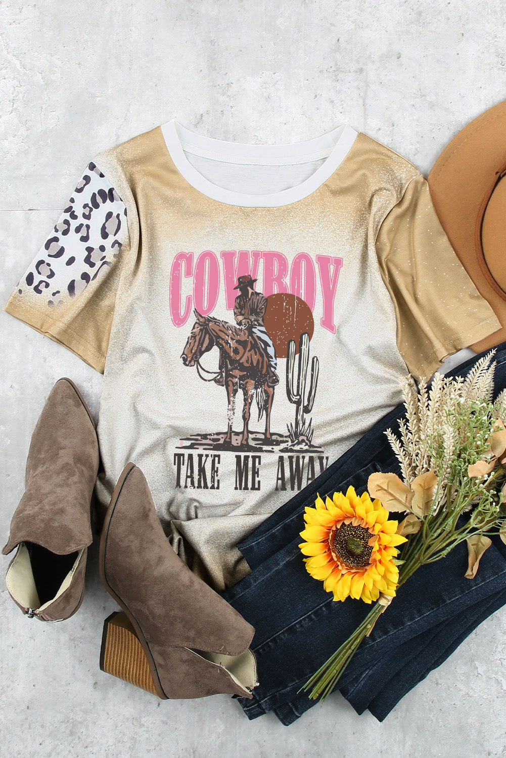 "Cowboy Take Me Away Tee – Country-inspired graphic t-shirt with a Western charm, perfect for cowgirls and free spirits."