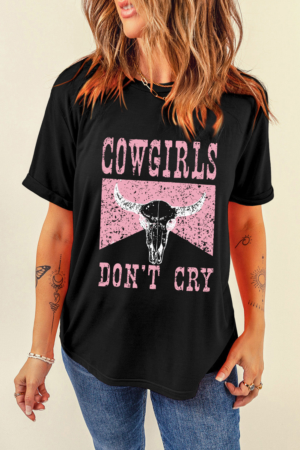 "Cowgirls Don’t Cry Tee – Western-inspired graphic t-shirt with a bold statement, perfect for fearless cowgirls.
