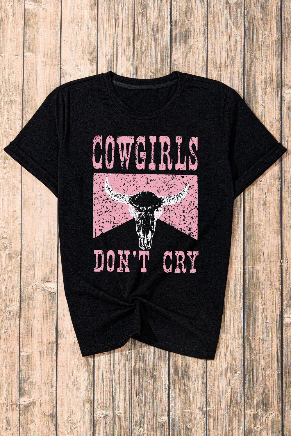 "Cowgirls Don’t Cry Tee – Western-inspired graphic t-shirt with a bold statement, perfect for fearless cowgirls.