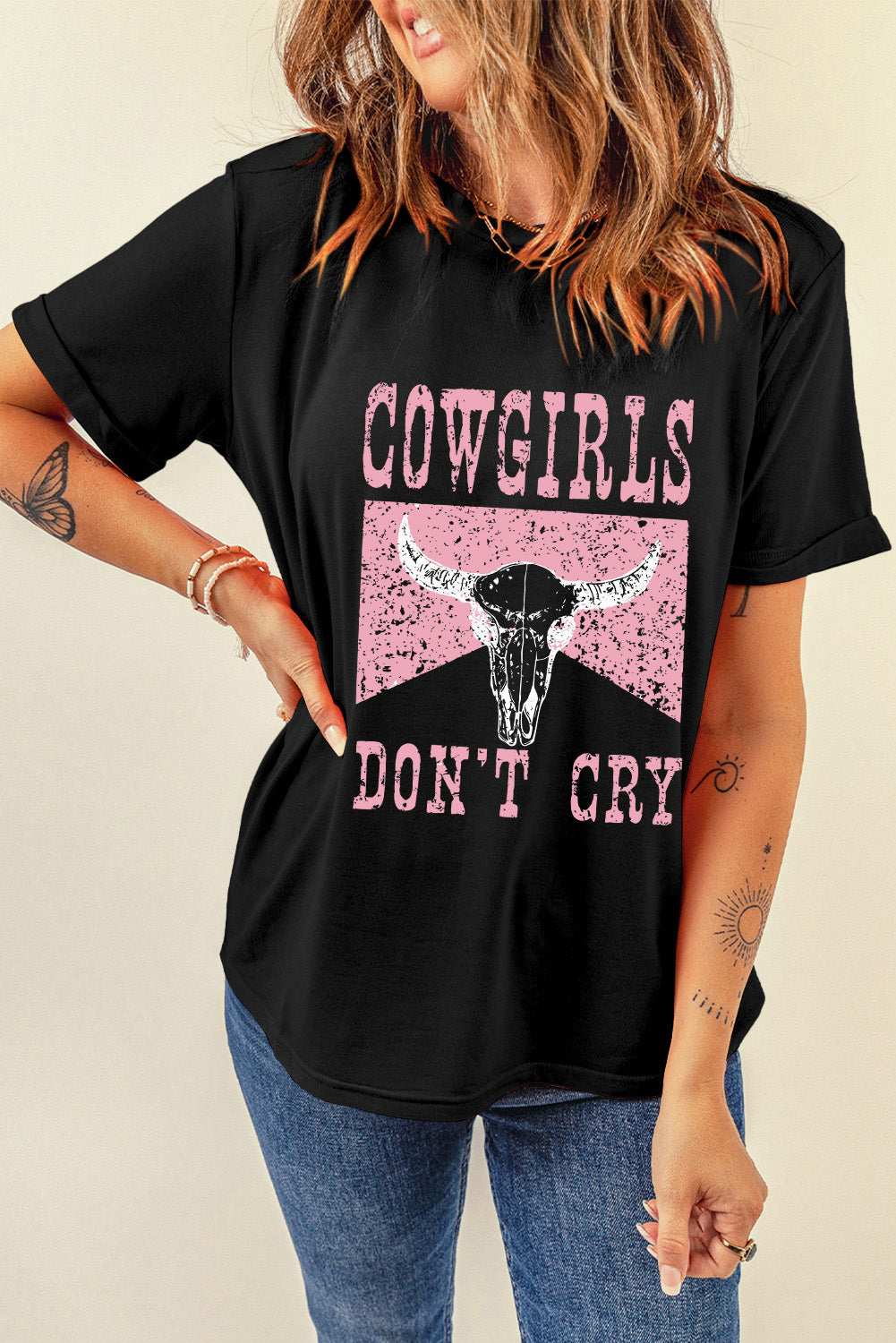 "Cowgirls Don’t Cry Tee – Western-inspired graphic t-shirt with a bold statement, perfect for fearless cowgirls.