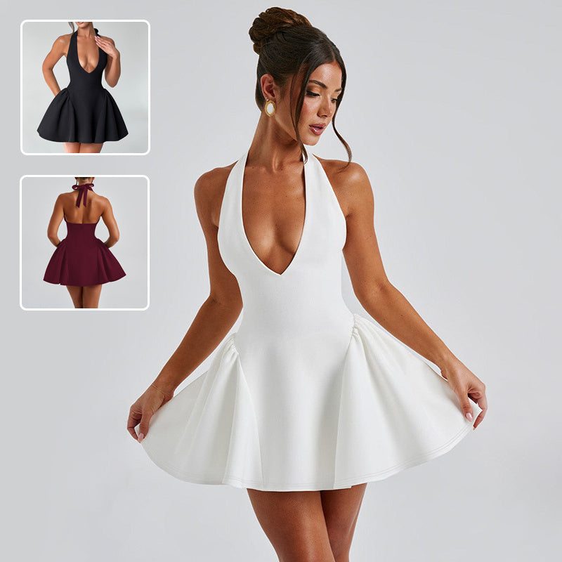 "Deep V-Neck Halter Dress – Elegant Backless Sleeveless Dress for a Bold Chic Look"
