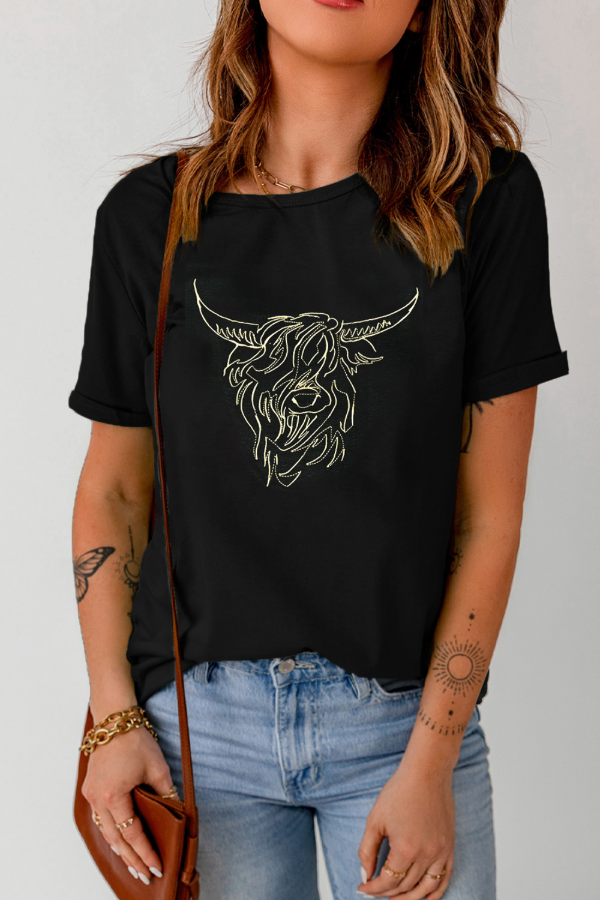 "Embroidered bull head tee—bold Western-inspired design with premium stitching. Soft, breathable fabric for all-day comfort and effortless style."