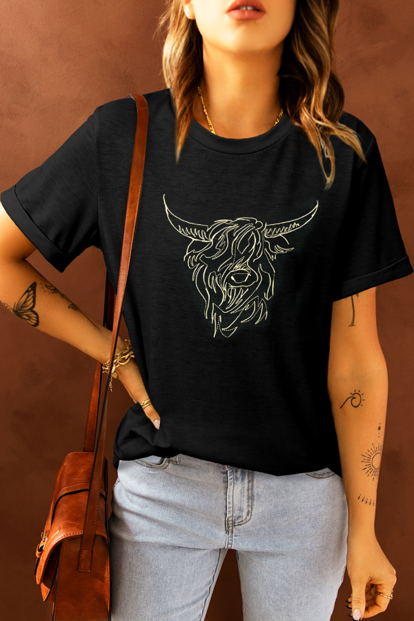 "Embroidered bull head tee—bold Western-inspired design with premium stitching. Soft, breathable fabric for all-day comfort and effortless style."
