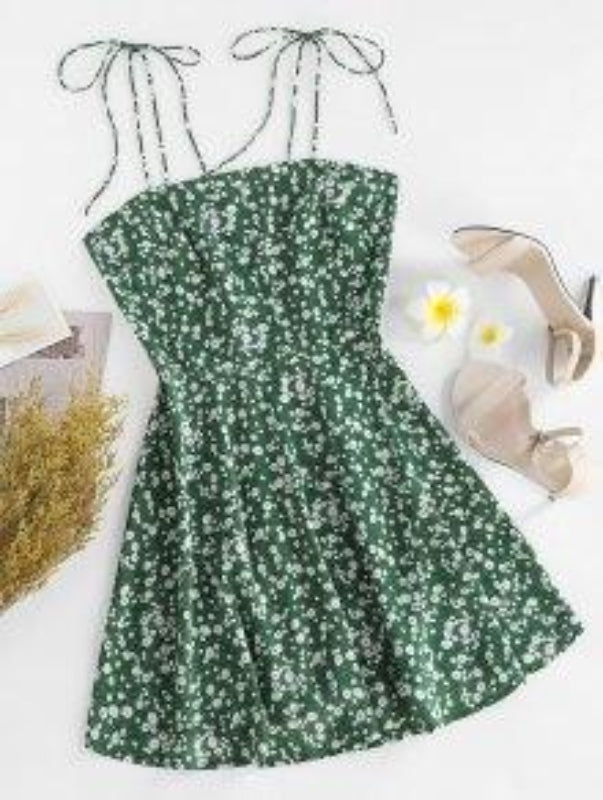 "Green Floral Strap Dress – Lightweight Chiffon Summer Dress with Elegant Floral Print"