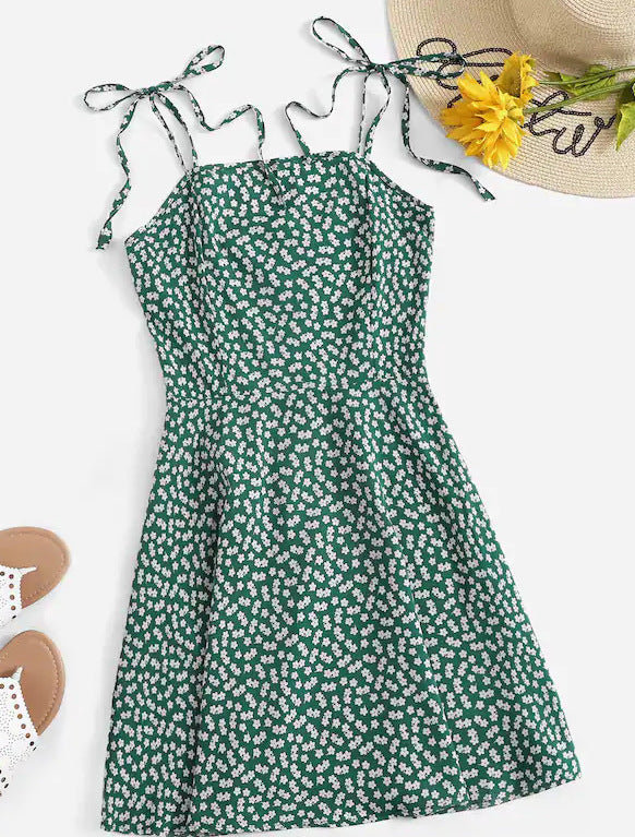 "Green Floral Strap Dress – Lightweight Chiffon Summer Dress with Elegant Floral Print"