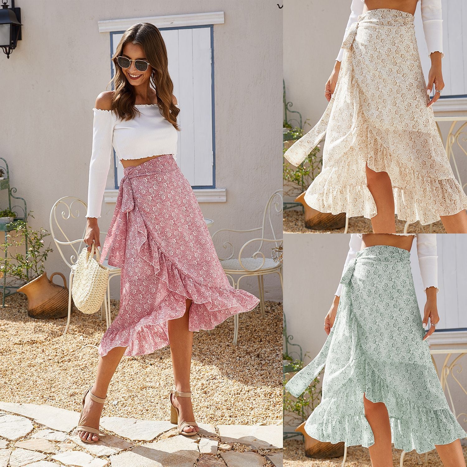 "Bohemian High-Waisted Floral Skirt – Flowy Chiffon Midi Skirt with Elegant Floral Print"
