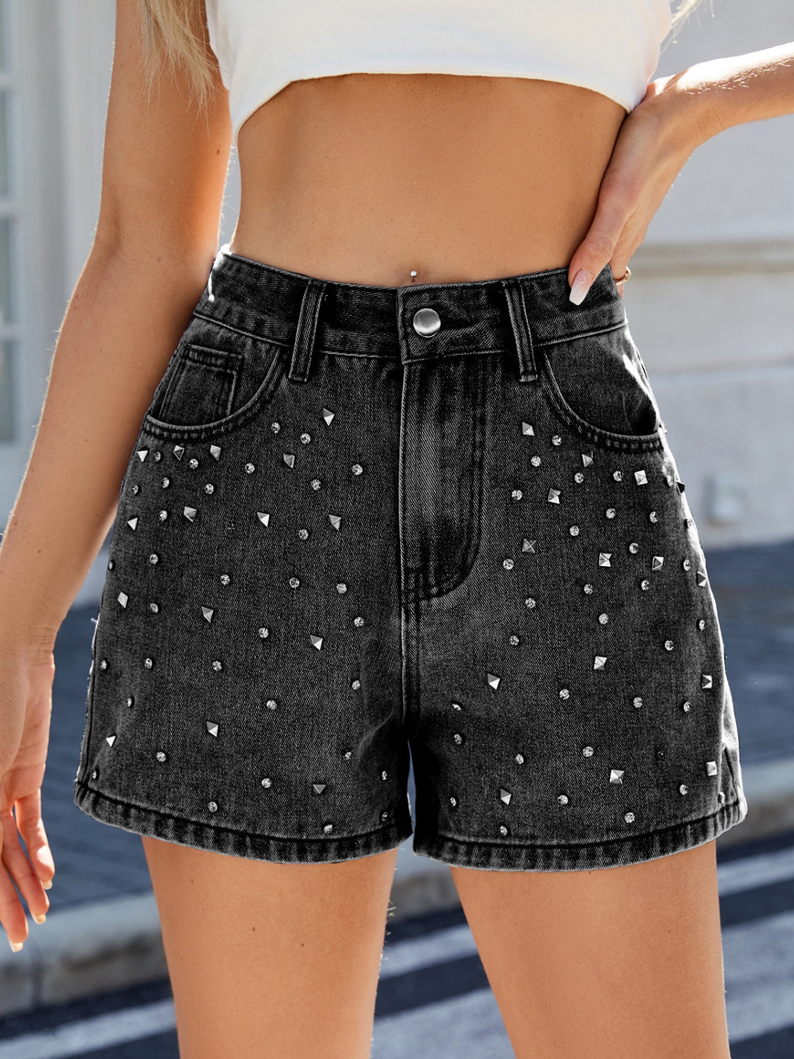 "High Waist Rhinestone Shorts – Glamorous denim shorts with sparkling rhinestone details, perfect for festivals and country-chic style."