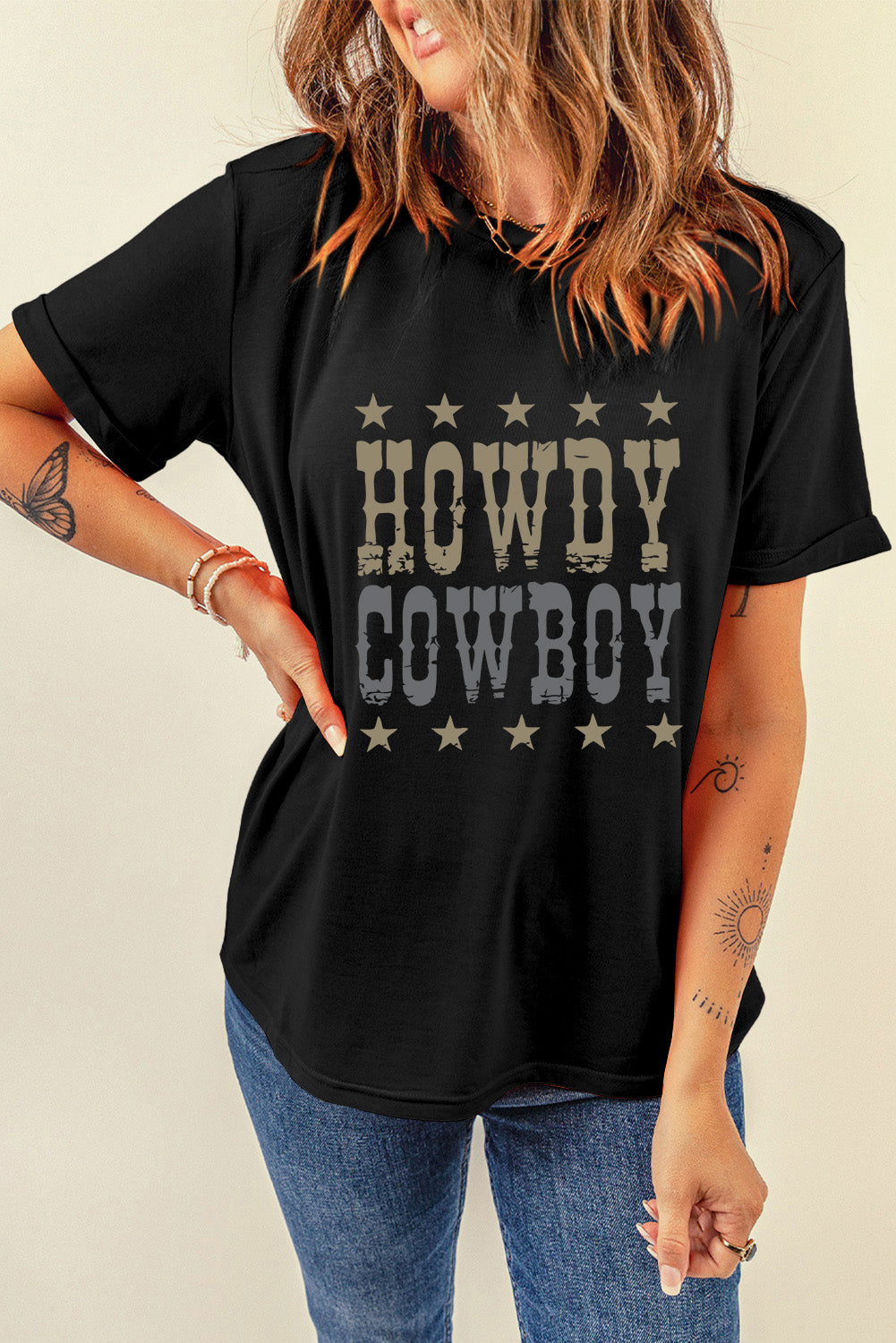 "Howdy Cowboy Tee – Western-inspired graphic t-shirt with bold lettering, perfect for country lovers and cowboy spirit."