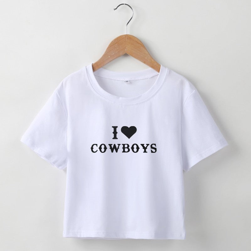 "I ❤️ Cowboys slim fit tee for women in soft cotton fabric, featuring bold letter print design in black, red, and white – perfect for casual Western style."