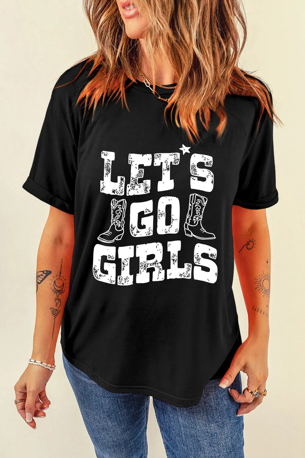 "Let’s Go Girls Tee – Fun and empowering country-inspired graphic t-shirt for bold and fearless women."