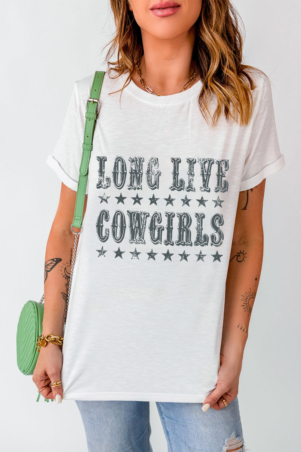 "Long Live Cowgirls Tee – Western-inspired graphic t-shirt celebrating the fearless spirit of cowgirls."