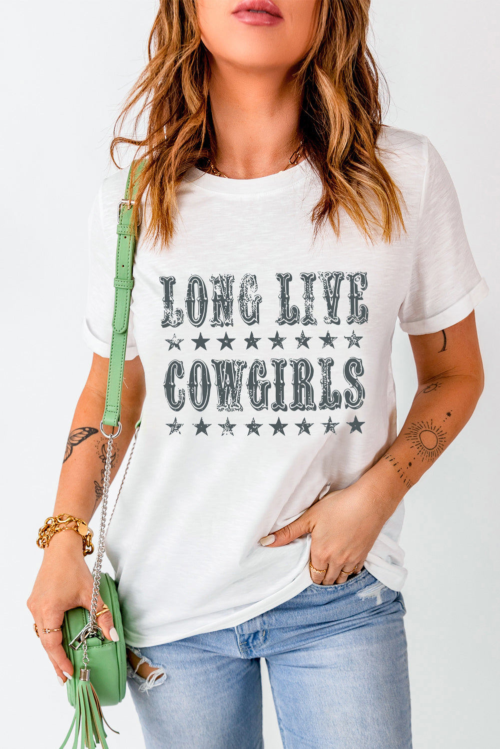 "Long Live Cowgirls Tee – Western-inspired graphic t-shirt celebrating the fearless spirit of cowgirls."
