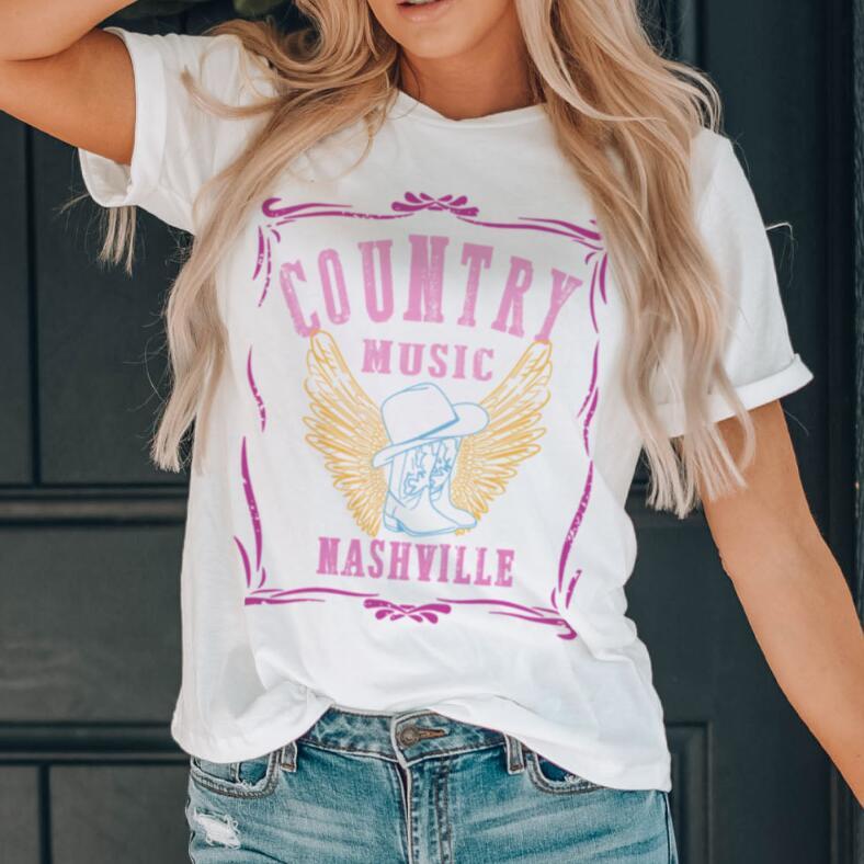 Nashville Country Music T-Shirt – Vintage Graphic Tee, Casual Loose Fit, Soft Polyester Blend, Short Sleeve Southern Style