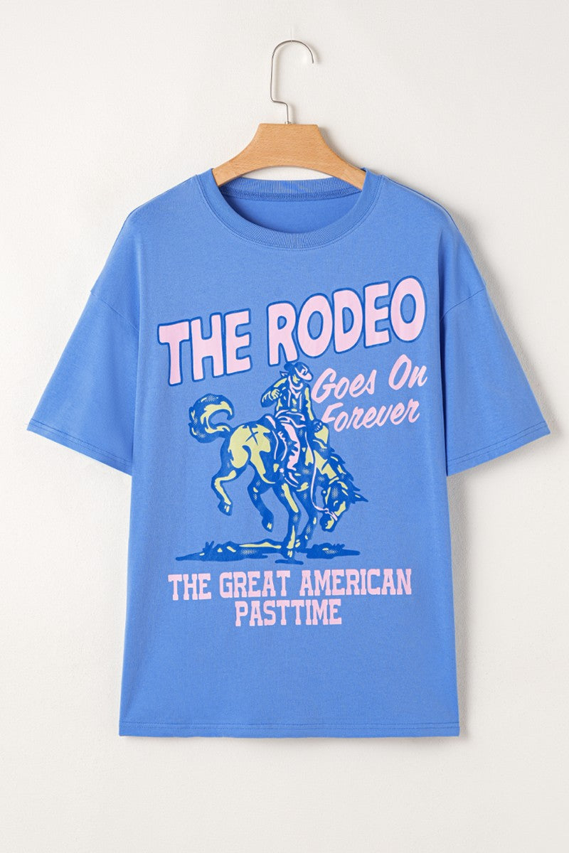 "Rodeo Goes On Forever Tee – Western-inspired graphic t-shirt celebrating the timeless spirit of the rodeo."