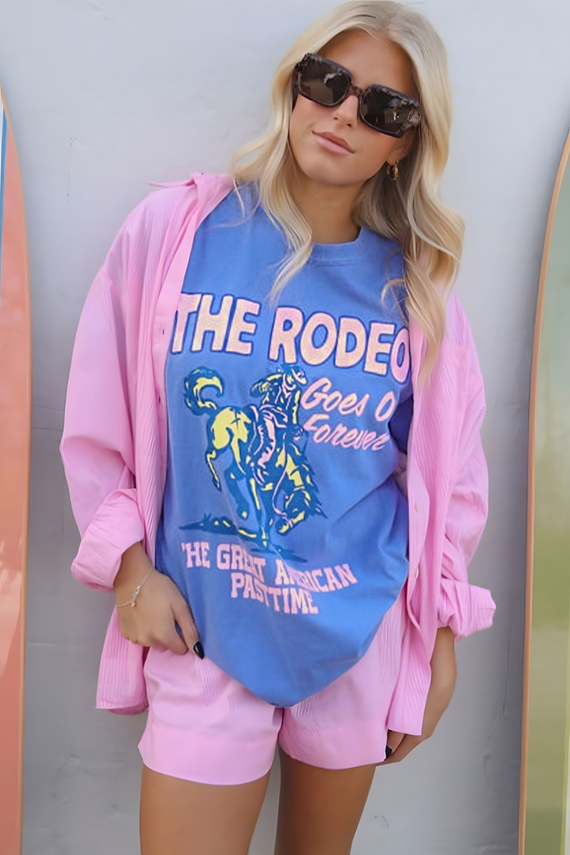"Rodeo Goes On Forever Tee – Western-inspired graphic t-shirt celebrating the timeless spirit of the rodeo."