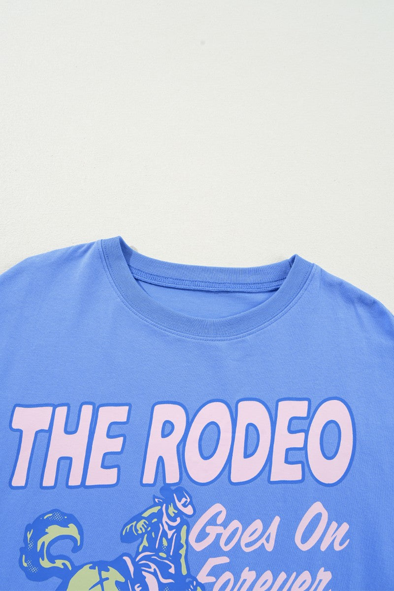 "Rodeo Goes On Forever Tee – Western-inspired graphic t-shirt celebrating the timeless spirit of the rodeo."