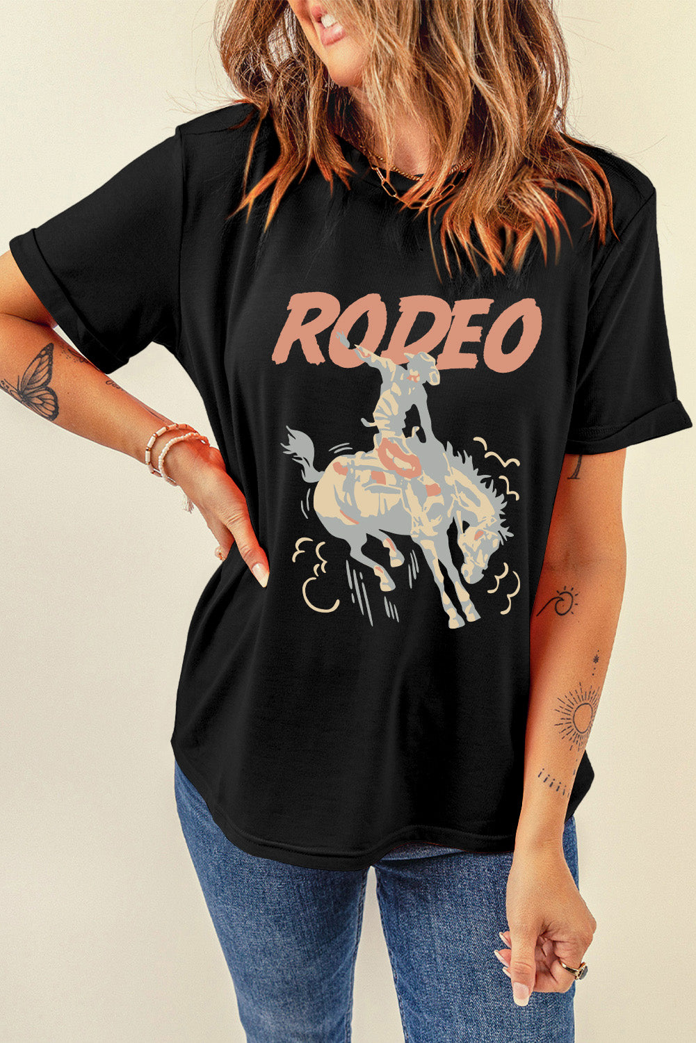 "Rodeo Tee – Western-inspired graphic t-shirt with a rugged style, perfect for country lovers and rodeo fans."