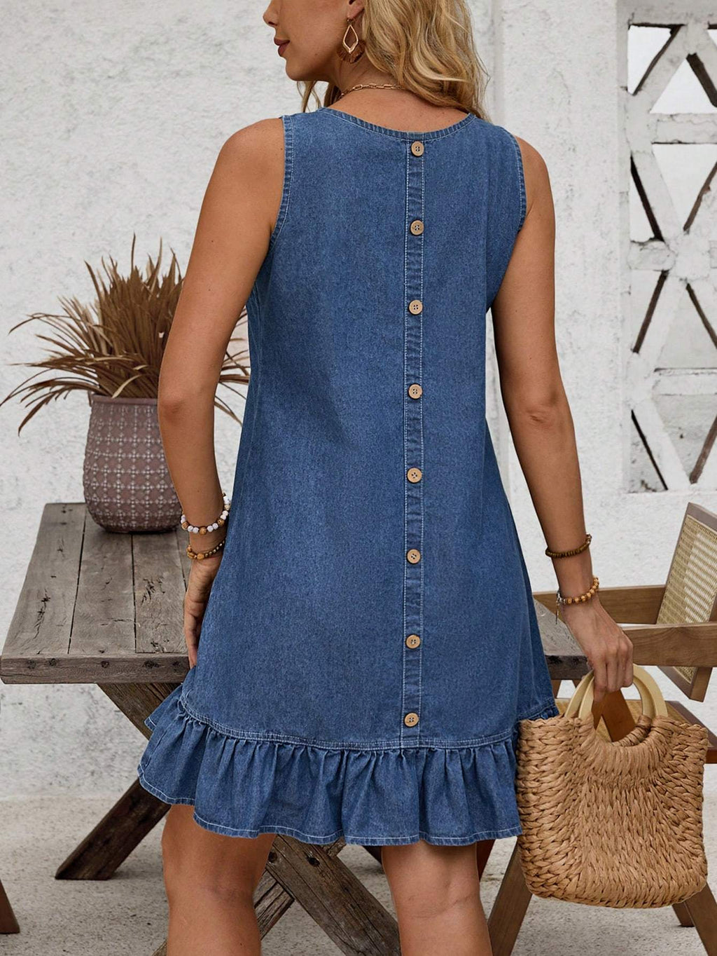 "Ruffle Denim Dress with soft, breathable fabric and elegant ruffle details for a chic and comfortable look."