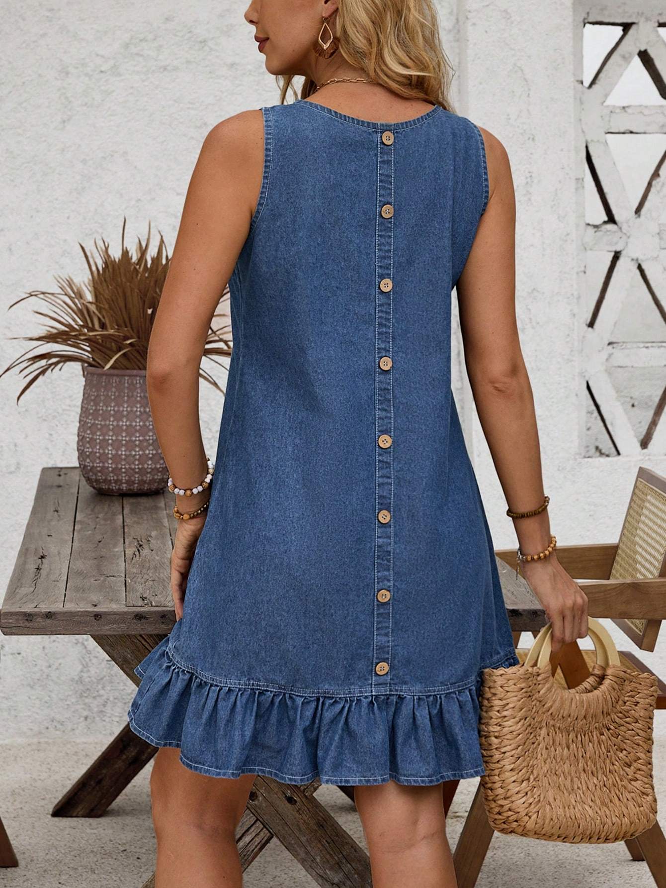 "Ruffle Denim Dress with soft, breathable fabric and elegant ruffle details for a chic and comfortable look."