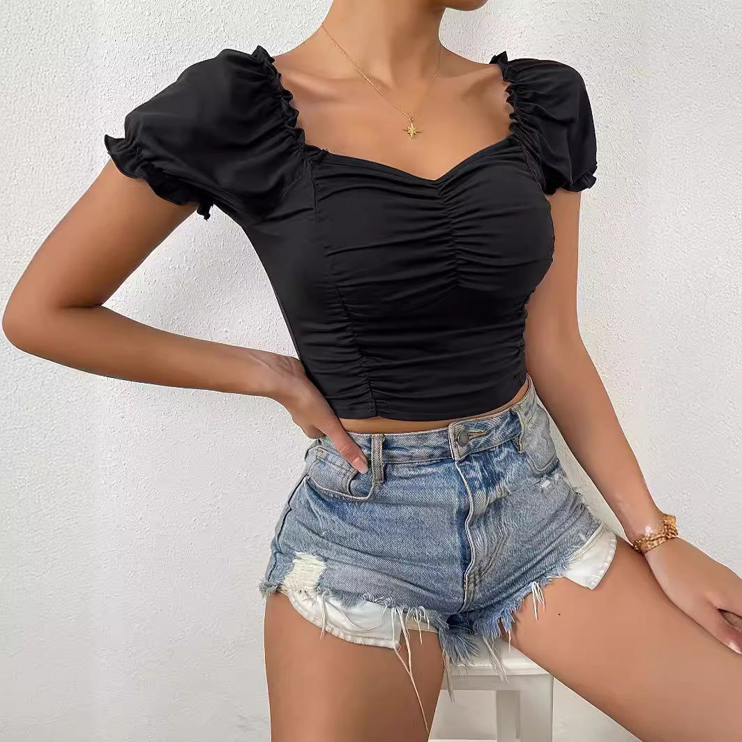 "Ruffled V-Neck Top – Elegant Short Sleeve Pullover with Pleated Details"