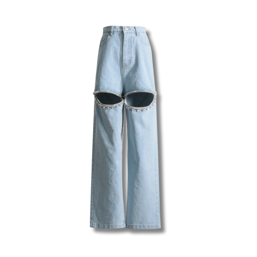 "Women's Straight-Leg Jeans with Diamond Accents – Trendy, Comfortable Denim for Casual & Street Style Looks"