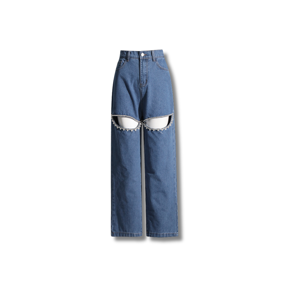 "Women's Straight-Leg Jeans with Diamond Accents – Trendy, Comfortable Denim for Casual & Street Style Looks"