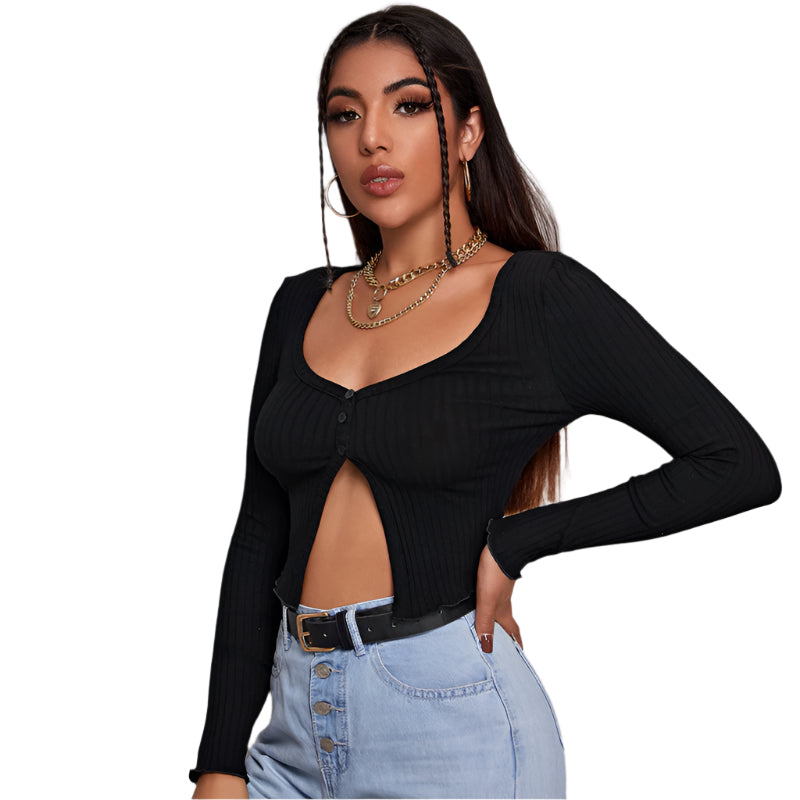 "Women's cropped long-sleeve cardigan with front slit – stylish, lightweight, and perfect for layering."