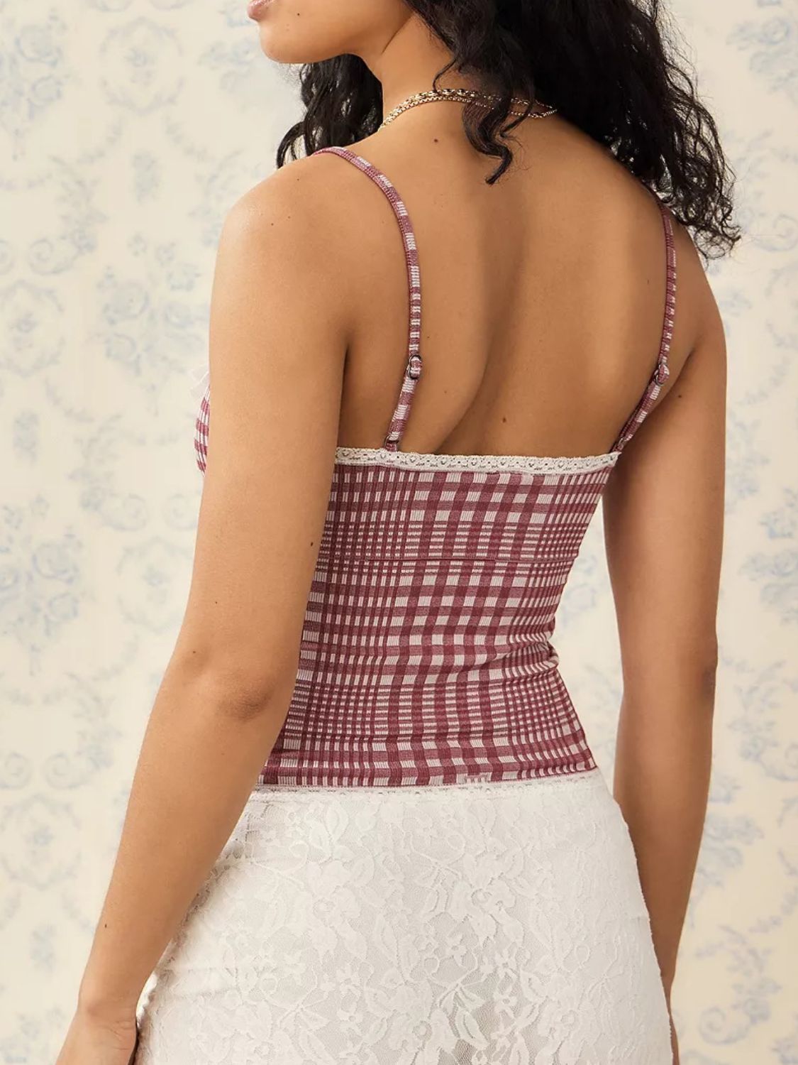 "Women's lace plaid cami top with spaghetti straps, vintage-inspired sleeveless summer tank, lightweight casual fashion for layering or standalone wear"