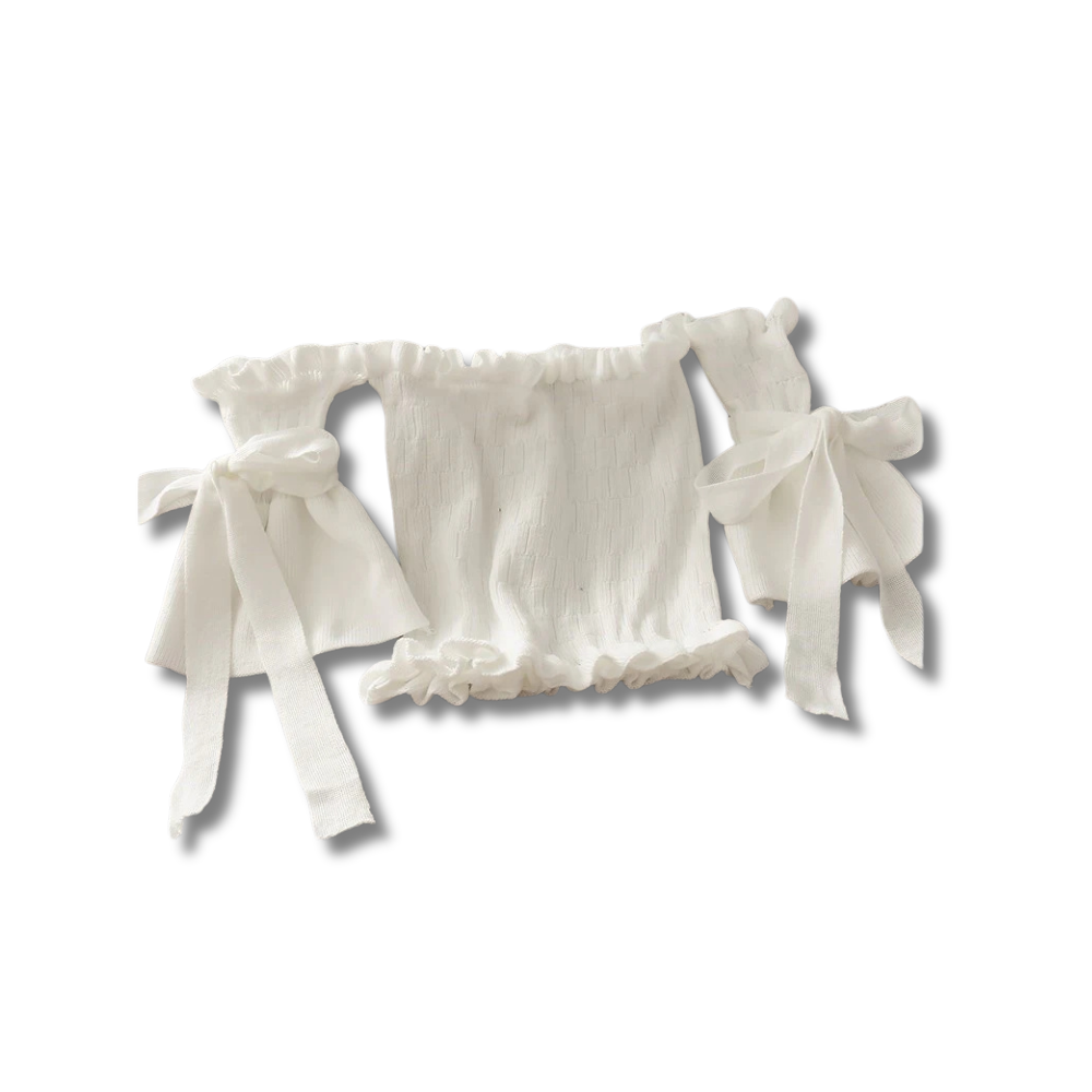 "Ribbed off-shoulder crop top with bow tie sleeves – stylish, stretchy, and flattering fit for a trendy look."