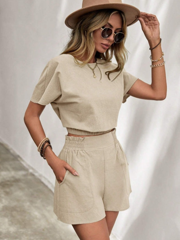 "Women's breathable short-sleeved cotton set with bat sleeves and shorts in apricot and green, perfect for casual wear."