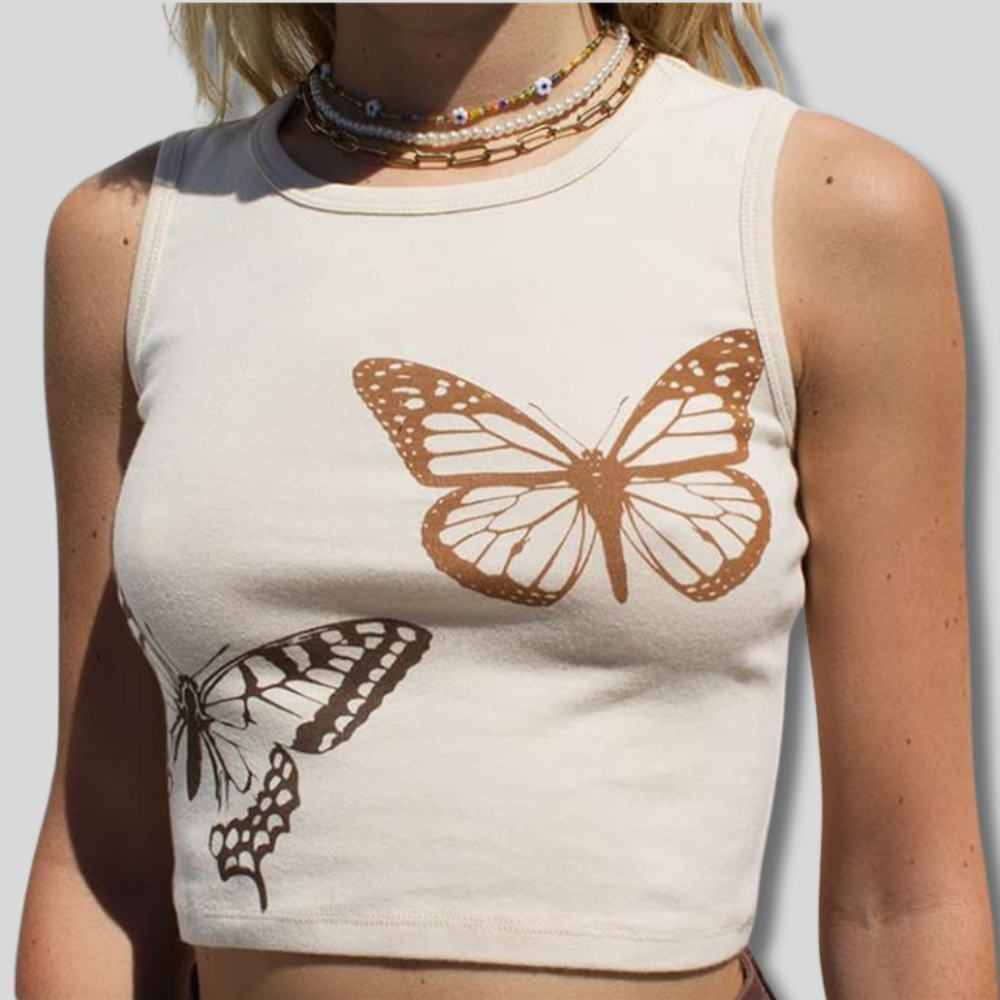 "Butterfly Tank top in lightweight fabric with playful butterfly design, flattering fit, and breathable comfort for casual or dressed-up looks."