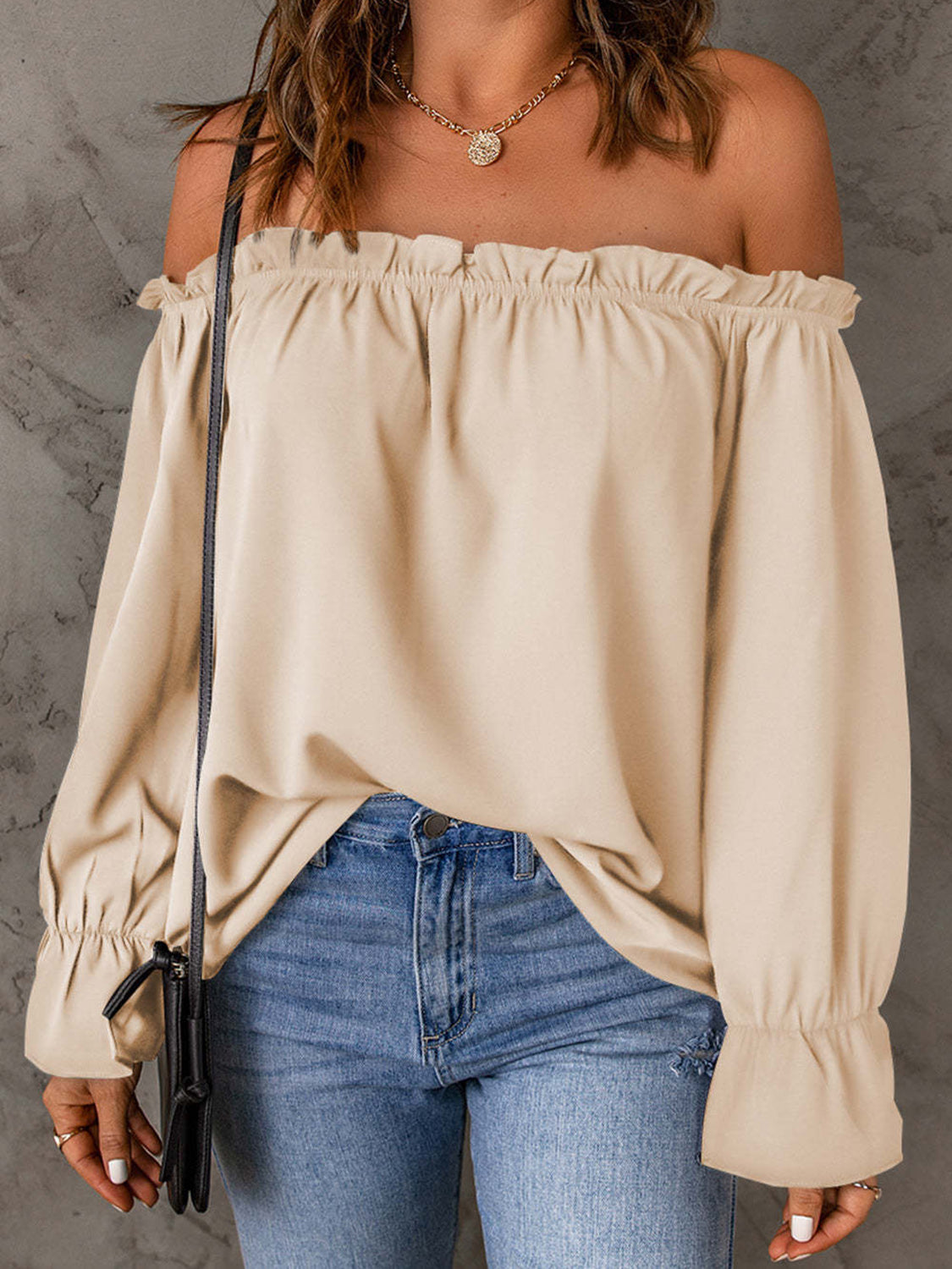 "Women's off-shoulder blouse with ruffle detail, lightweight boho-chic summer top, casual flowy shirt for beachwear, vacations, or everyday style"