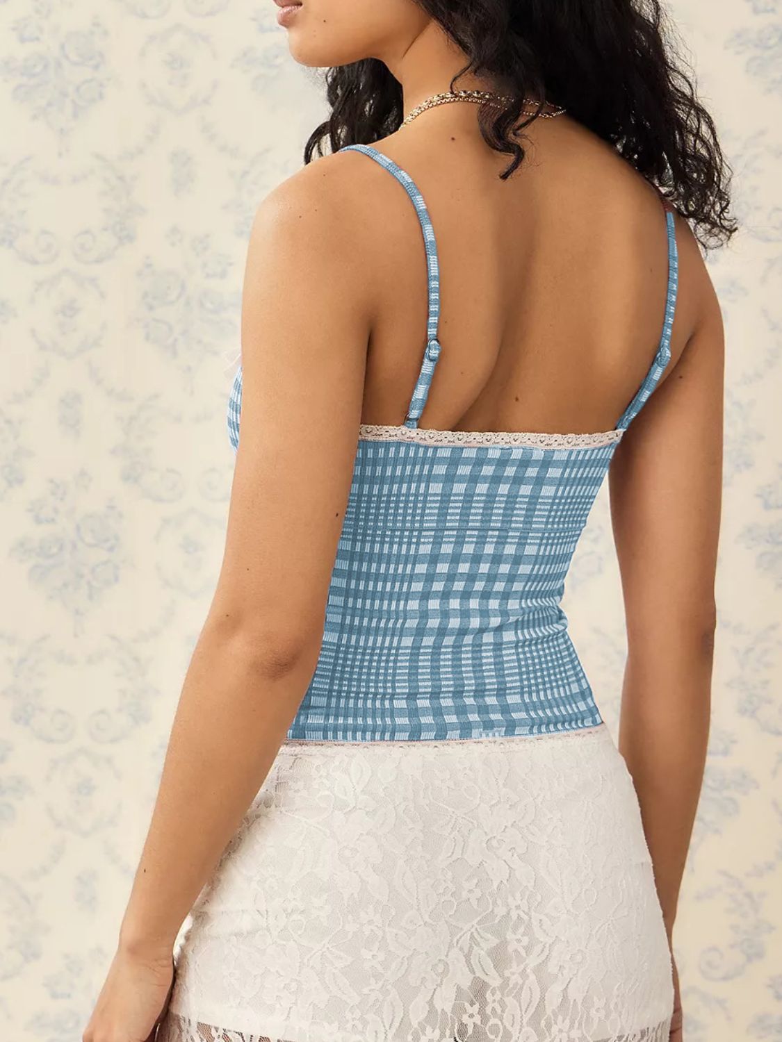 "Women's lace plaid cami top with spaghetti straps, vintage-inspired sleeveless summer tank, lightweight casual fashion for layering or standalone wear"