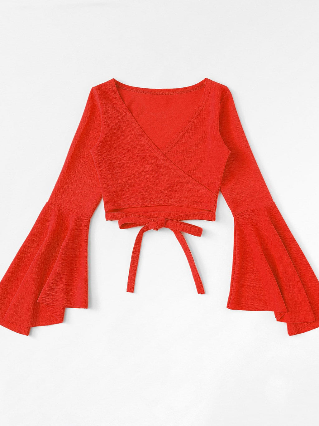 "Women's tied flare sleeve top with V-neck, boho-chic blouse with flowy bell sleeves, lightweight casual fashion for spring and summer outfits"