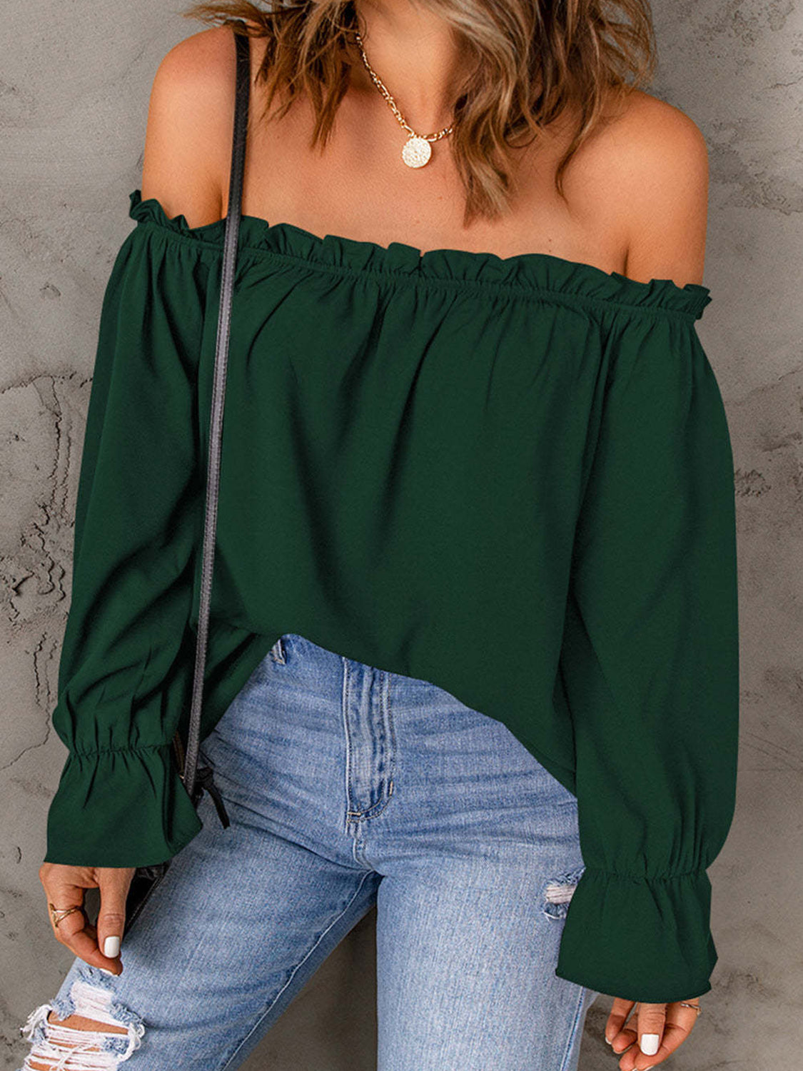 "Women's off-shoulder blouse with ruffle detail, lightweight boho-chic summer top, casual flowy shirt for beachwear, vacations, or everyday style"