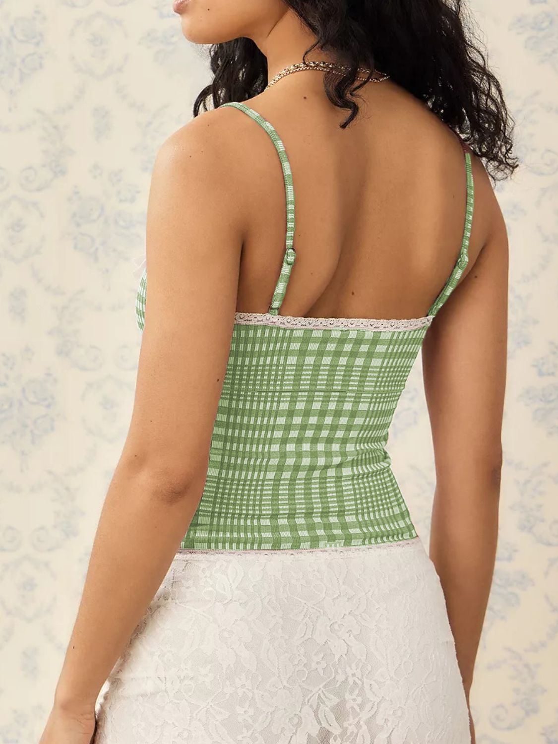 "Women's lace plaid cami top with spaghetti straps, vintage-inspired sleeveless summer tank, lightweight casual fashion for layering or standalone wear"
