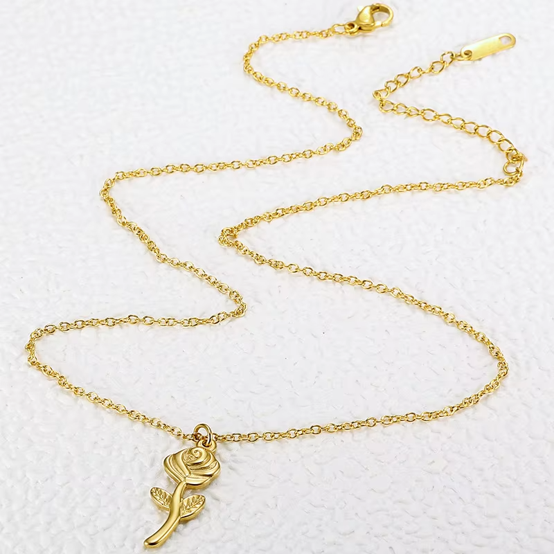 Gold rose necklace with stainless steel pendant, delicate floral jewelry, elegant gift for women.